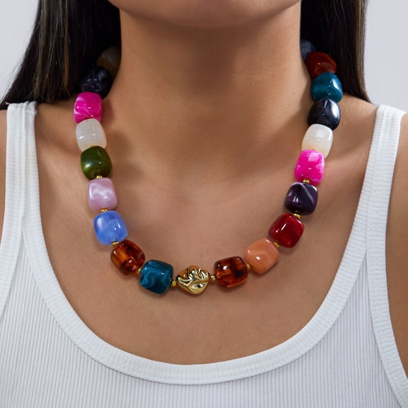 NICKSUN Vintage Dopamine Chunky Square Acrylic Bead Choker Necklace, Handmade Marbled Resin Statement Collar with Irregular Gold Metal Accent, Trendy Vacation Fashion Neck Jewelry