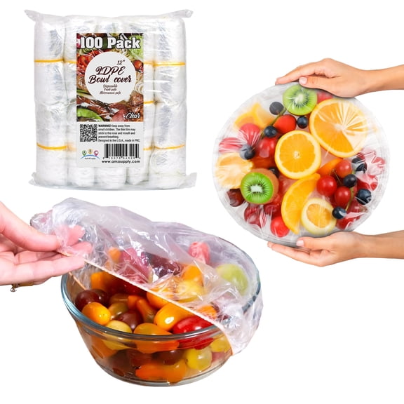 Elastic Plastic Bowl Covers, 12 Inch. Pack of 100 Clear Plastic Disposable Bowl Covers 30 Micron Thick. Durable Adjustable Plastic Food Covers with Elastic Edge. Stretchable Bowl Covers Small