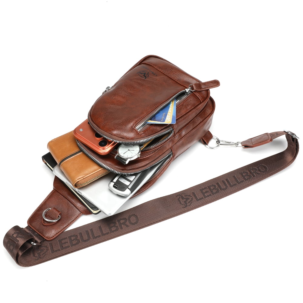 LEBULLBRO Sling Bag for Men Soft Leather Chest Bag Crossbody Backpack Travel Hiking Outdoor Sports Dark Brown