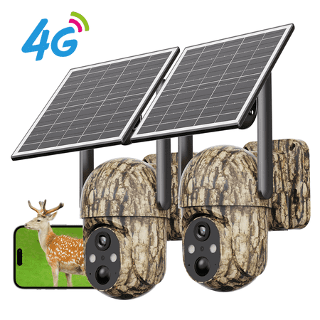 Conico 2-Pack 4G LTE Cellular Trail Camera with Solar Panel No WiFi Game Camera for Hunting & Wildlife 2K Color Night Vision PIR Motion Detection 360° PTZ View Outdoor Security Camera