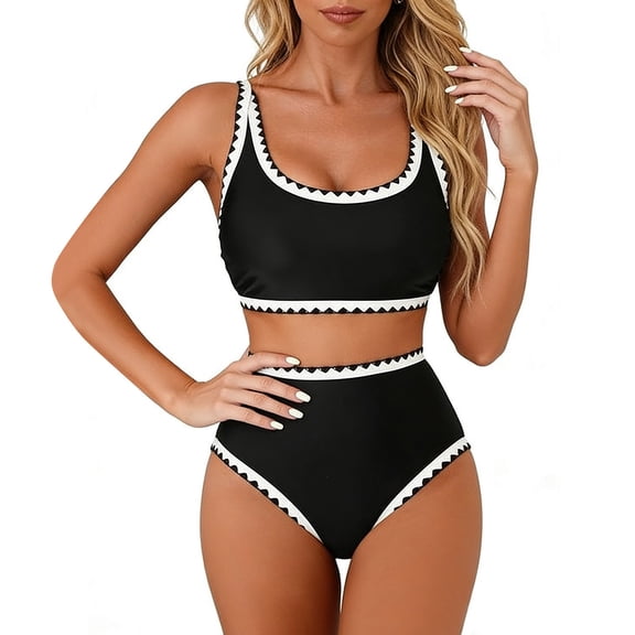 2 Piece Swimsuit High Waisted,Women's Bikini Sets Color Block Whip Stitch 2 Piece Swimsuits High Waisted Scoop Bathing Suits