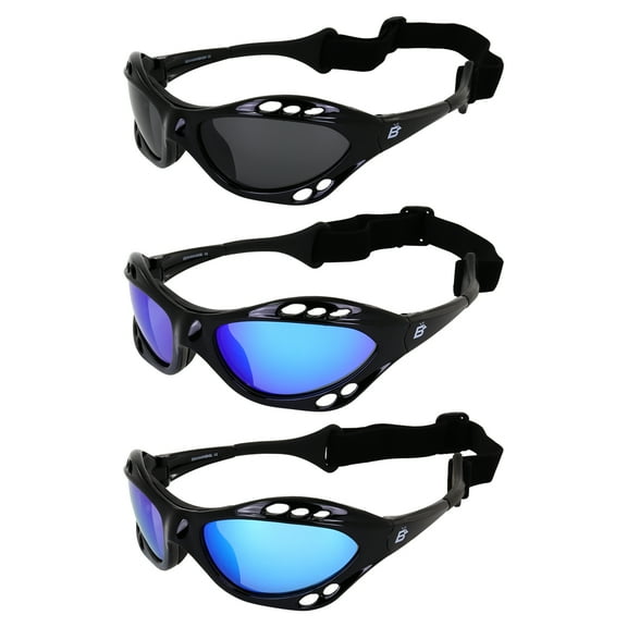 Birdz Eyewear Seahawk Padded Polarized Sunglasses 3 Pairs w/Strap Water Sports Surfing Kayaking Jetski  Black Frame w/Smoke Blue & Green Mirror Lenses