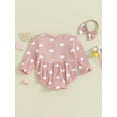 thumbnail image 4 of Bagilaanoe Newborn Baby Girl Rompers Heart Print Long Sleeve Bodysuit + Headband 3M 6M 12M 18M Infant Ruffle One Piece Jumpsuit, 4 of 9