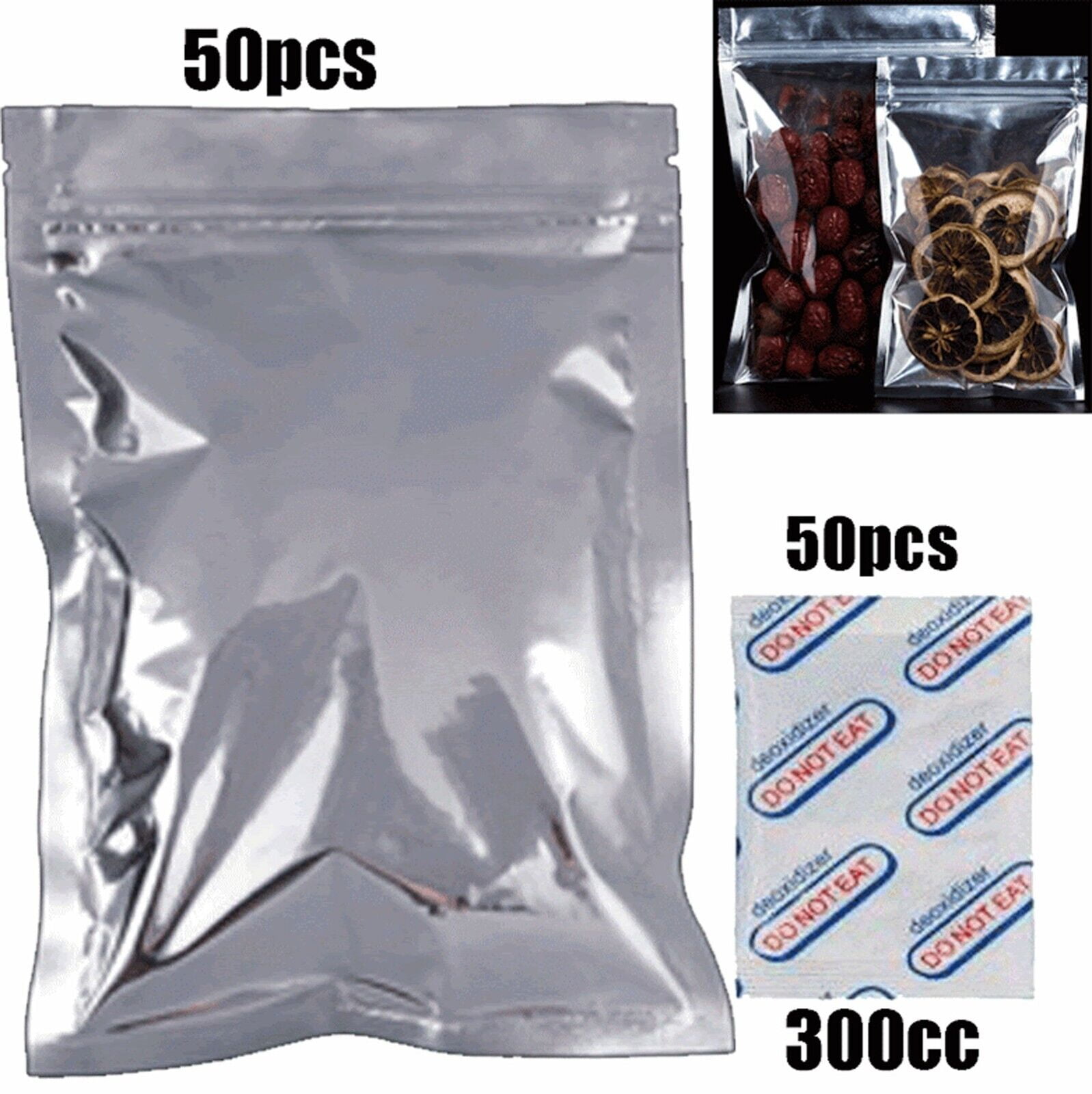 50 Resealable Food MYLAR Storage Bags 8*12" Quart + 50 300CC Oxygen Absorbers