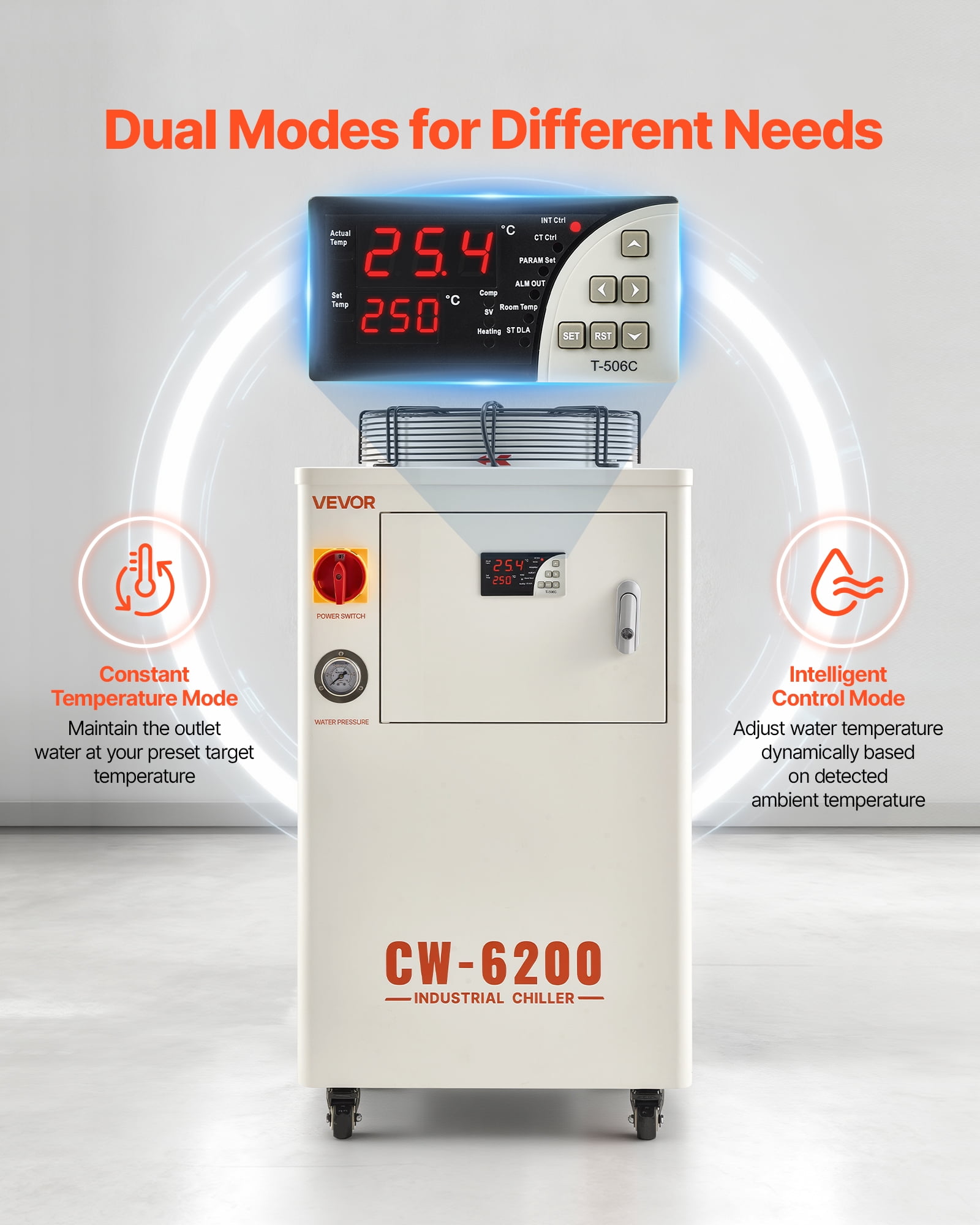 VEVOR Industrial Water Chiller, 17,060 BTU/h, Industrial Water Cooler Cooling System with Compressor, 3.96  Gal Tank Capacity, 18.5 GPM Max Flow Rate, for CO2 Laser Tube Engraving & Cutting Machine