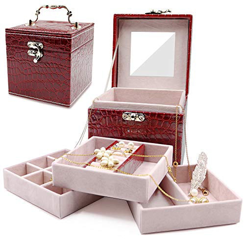 Crocodile Pattern Red Darolin Retro Three-Layer Lint Jewelry Box Organizer Travel Portable Jewelry Storage Case Accessories Holder Pouch Display with Mirror for Earrings Bracelets Necklaces Rings 