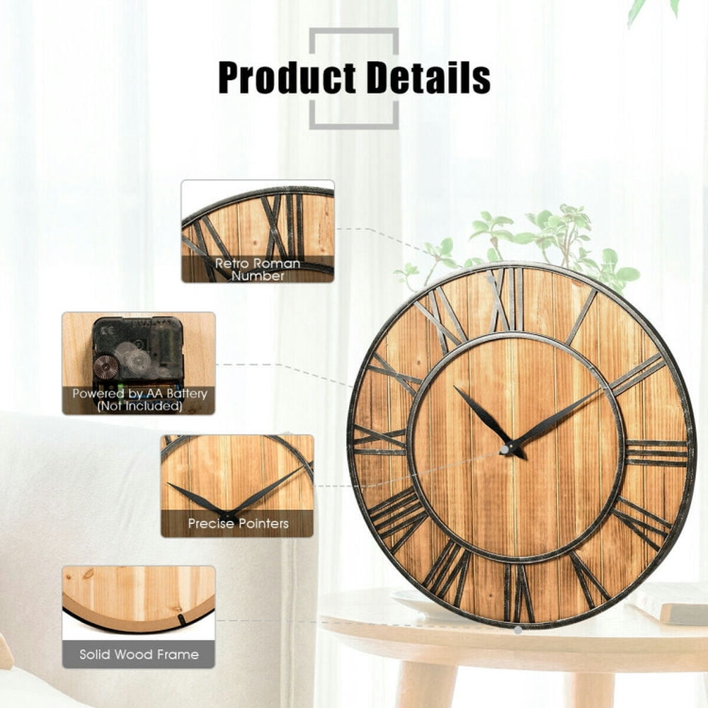 Barara King 30 Inch Round Wall Clock Decorative Wooden Silent Clock with Battery