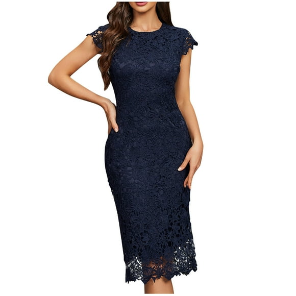 Pisexur Womens Dresses Round Neck Lace Cocktail Dresses for Women Fashion Sleeveless Tunic Evening Party Prom Dress Flowy Elegant Solid Color Wedding Guest Dresses Zipper Midi Dress