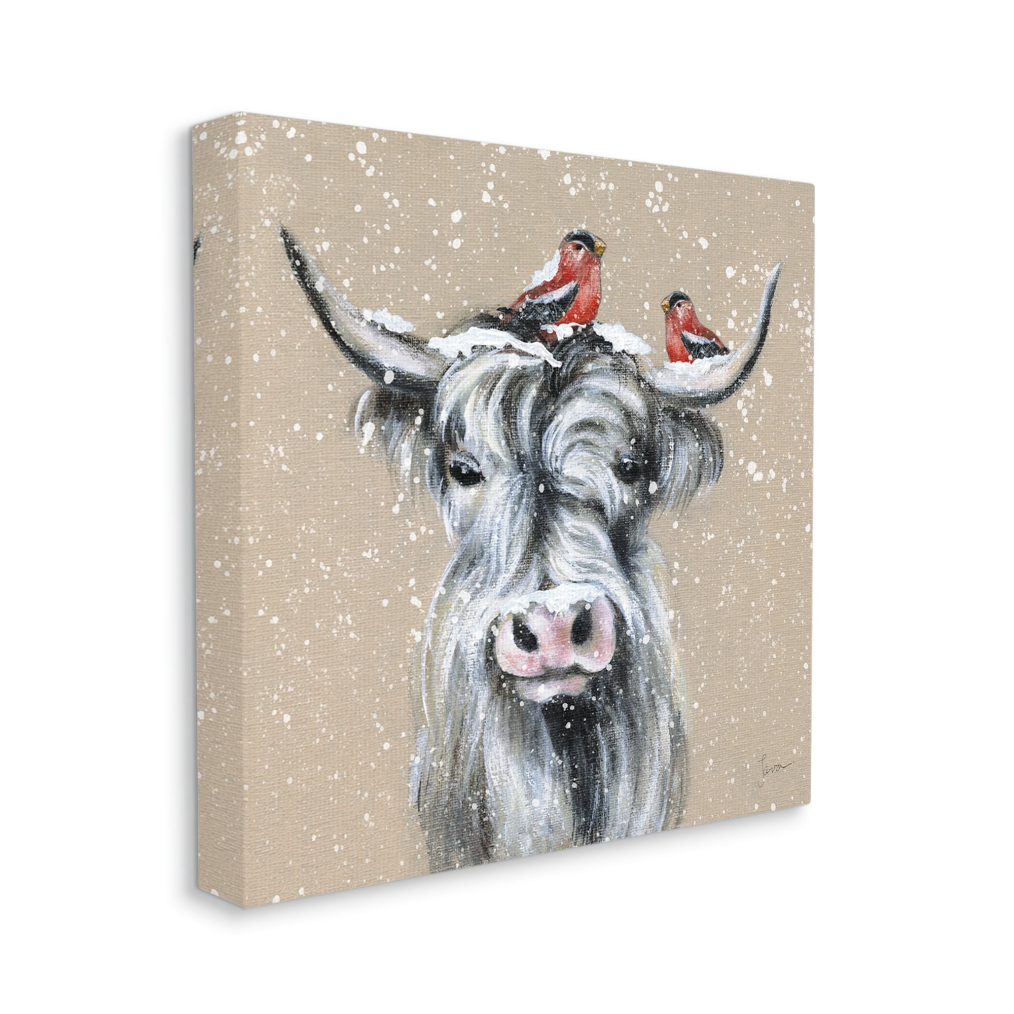 Stupell Industries Snowy Cattle & Birds Farmhouse Holiday Painting Gallery Wrapped Canvas Print Wall Art