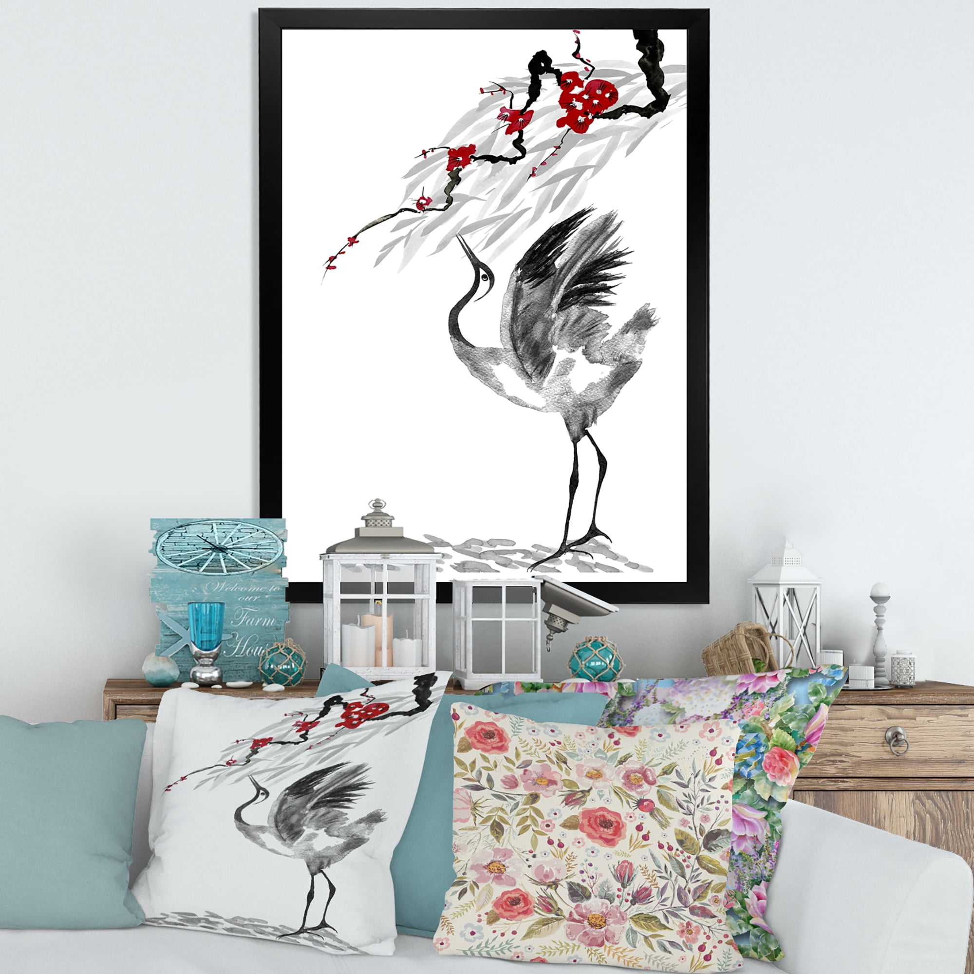 Designart 'Red Flowers With Japanese Cranes Bird Drawing' Traditional Framed Art Print