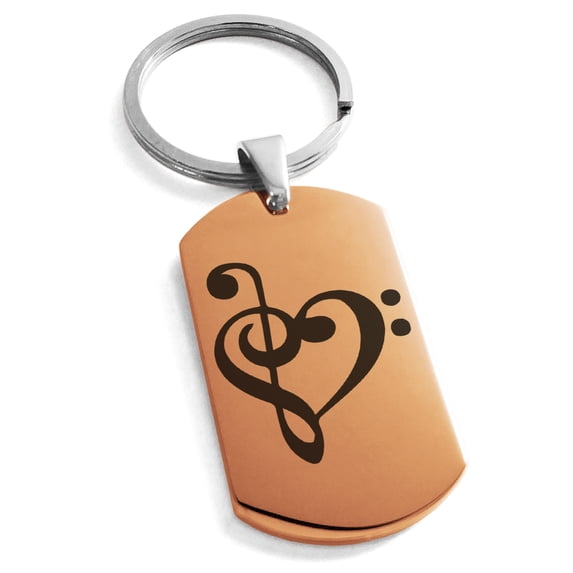 Stainless Steel Treble Bass Clef Musical Heart Engraved Dog Tag Keychain Keyring