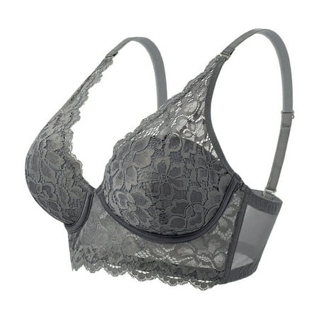 PEASKJP Bras for Women Full Coverage Push Up Padded Plunge Lace Bras Smoothing Underwire Bra  Grey XL