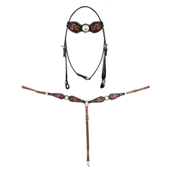 Horse Western Snake Embroidered Browband Bridle Breast Collar Set Brown 78BT06B