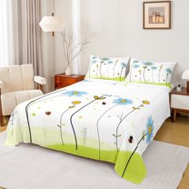 jejeloiu Kawaii Floral Daisy Full Size Sheets,Cartoon Animal Ladybug Bed Sheets,White Green Blue Sheet Sets For Girls Teens,Microfiber Bedroom Decor,4 Pieces