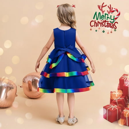 

B91xZ Girls Spring Dress Child Girls Sleeveless Ruffles Bowknot Pageant Dress Birthday Party Kids Rainbow Gown Blue Size 11-12 Years