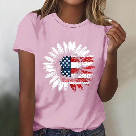 Mifsaly 4Th Of July T-Shirt Women Casual Sunfloral American Flag Graphic Tee Daily Outing Crewneck Short Sleeve Summer Top Lightweight Breathable Loose Fit Patriotic Shirt M