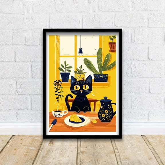 Black Cat Breakfast Print Playful Cat Art for Kitchen Modern Wall Décor for Cat Lovers Perfect Poster for Living Room or Dining Area
