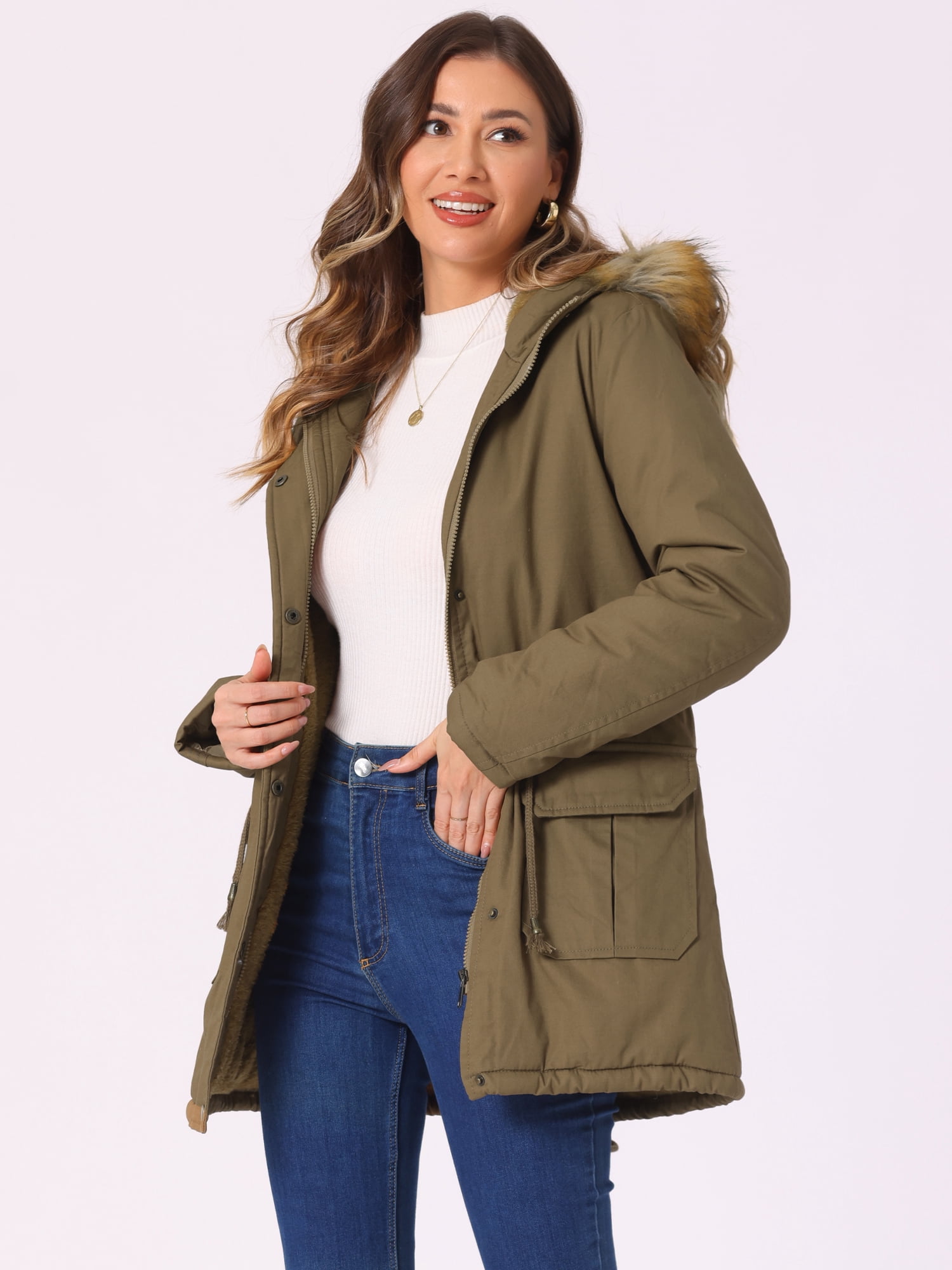 Unique Bargains Women Windproof Winter Parka Puffer Coat with Faux Fur Hood 2XL Khaki