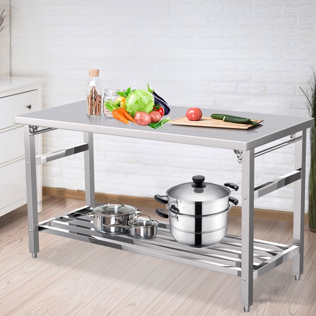 Table de Travail Pliant en Acier Inoxydable 60"x24 Pouces, Table de Préparation Commerciale Robuste avec Tablette Inférieure Ajustable