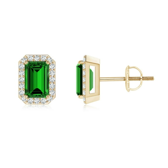 ANGARA Lab Grown 1 Ct Emerald Stud Earrings with Lab Diamond Halo for Women in 14K Yellow Gold (Size-6x4mm) | May Birthstone, Anniversary, Jewelry Gift for Women | Lab-Grown Emerald Earrings