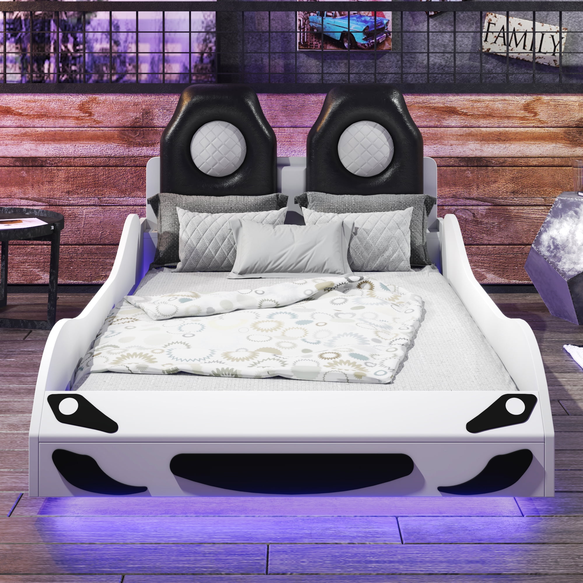 Euroco Upholstered Race Car Bed, Twin Platform Bed with LED Light and Headboard for Kids Teens