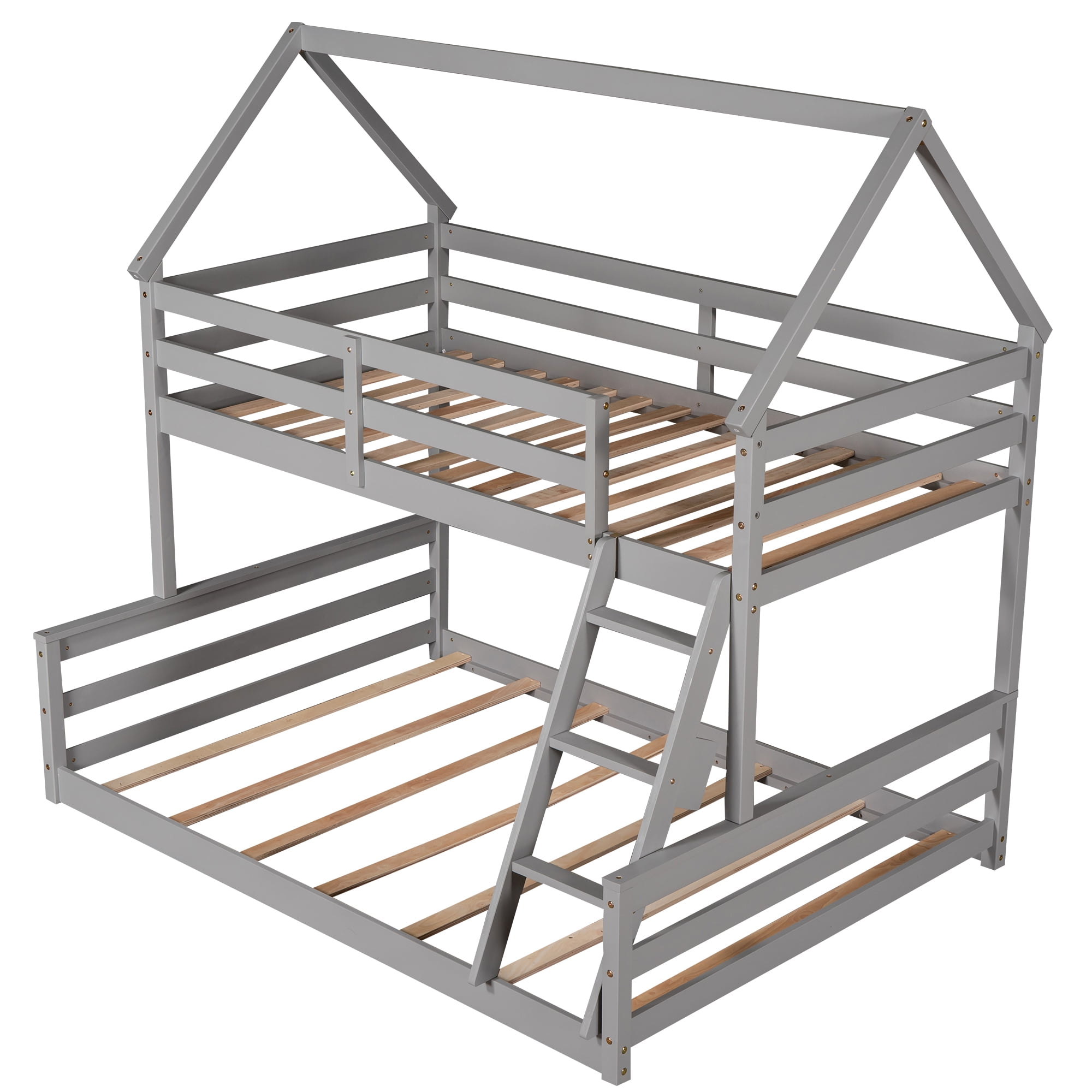 Aukfa Twin over Full Bunk Bed, Solid Wood House Bunk Bed for Kids - Gray