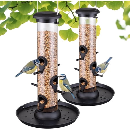 Bird Feeders for Outdoors Seed Catcher 6 Port Wild with Tray Bird Outside Hanging Cardinal 13 Inch Black Pack of 2