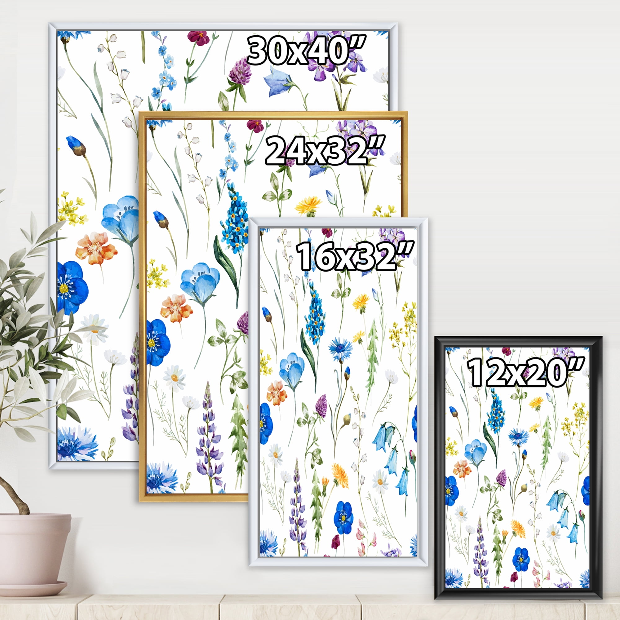 Designart 'Blue Wildflowers With Leaves I' Traditional Framed Canvas Wall Art Print