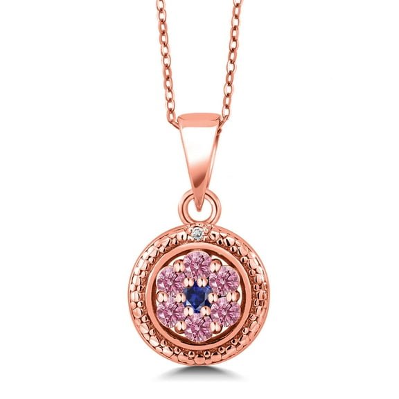 Gem Stone King 18K Rose Gold Plated Silver Pink Lab Grown Diamond Blue Created Sapphire Round Pendant Necklace for Women (0.35 Cttw, Gemstone Birthstone, with 18 inch Chain)