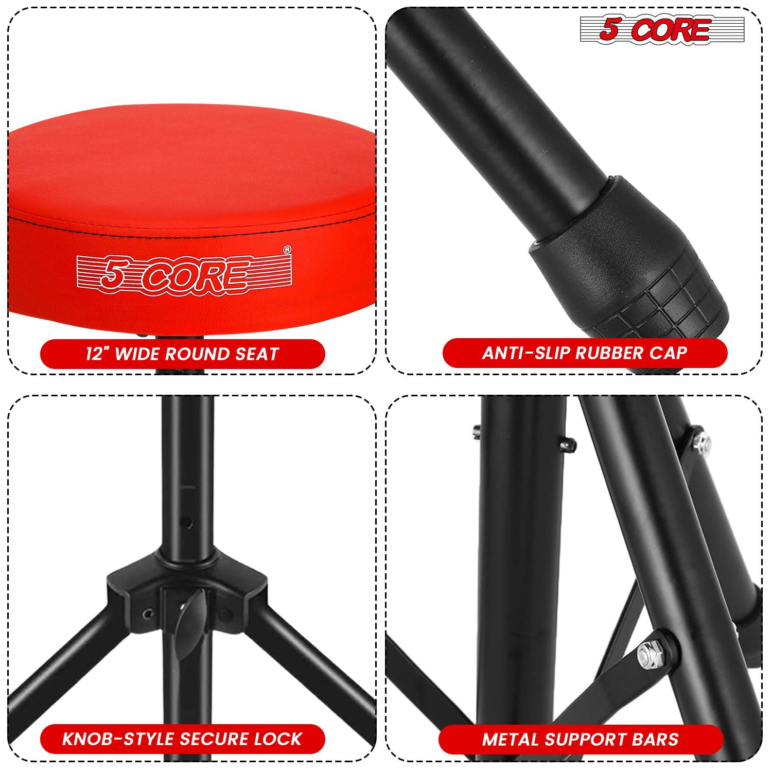 3” High-Density Sponge Drum Throne - Adjustable 17”-24” Musician Stool with Non-Slip Base, 330 lbs Capacity for Drummers & Guitarists