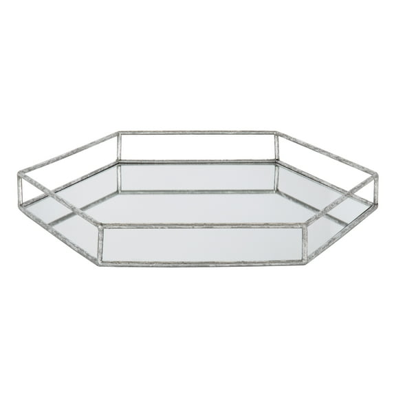 Kate and Laurel Felicia Modern Glam Decorative Metal and Mirror Hexagon Shaped Storage Organizer Vanity Tray, Silver