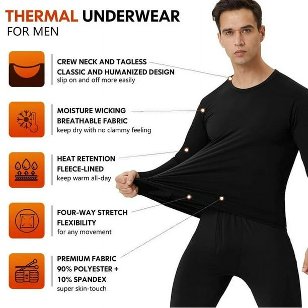 Mens Winter Warm Thermal Long Johns Underwear Set Fleece-Lined Top