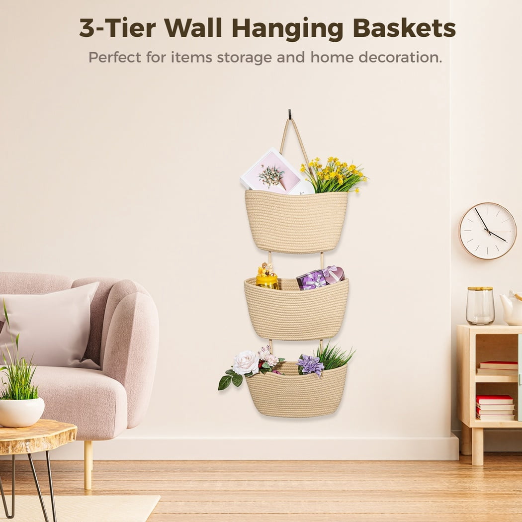 3 Tier Hanging Baskets, Hanging Fruit Baskets, Over The Door Hanging Baskets Large Wall Basket, Storage Organizer Basket for Nursery Living Room Bedroom Kitchen