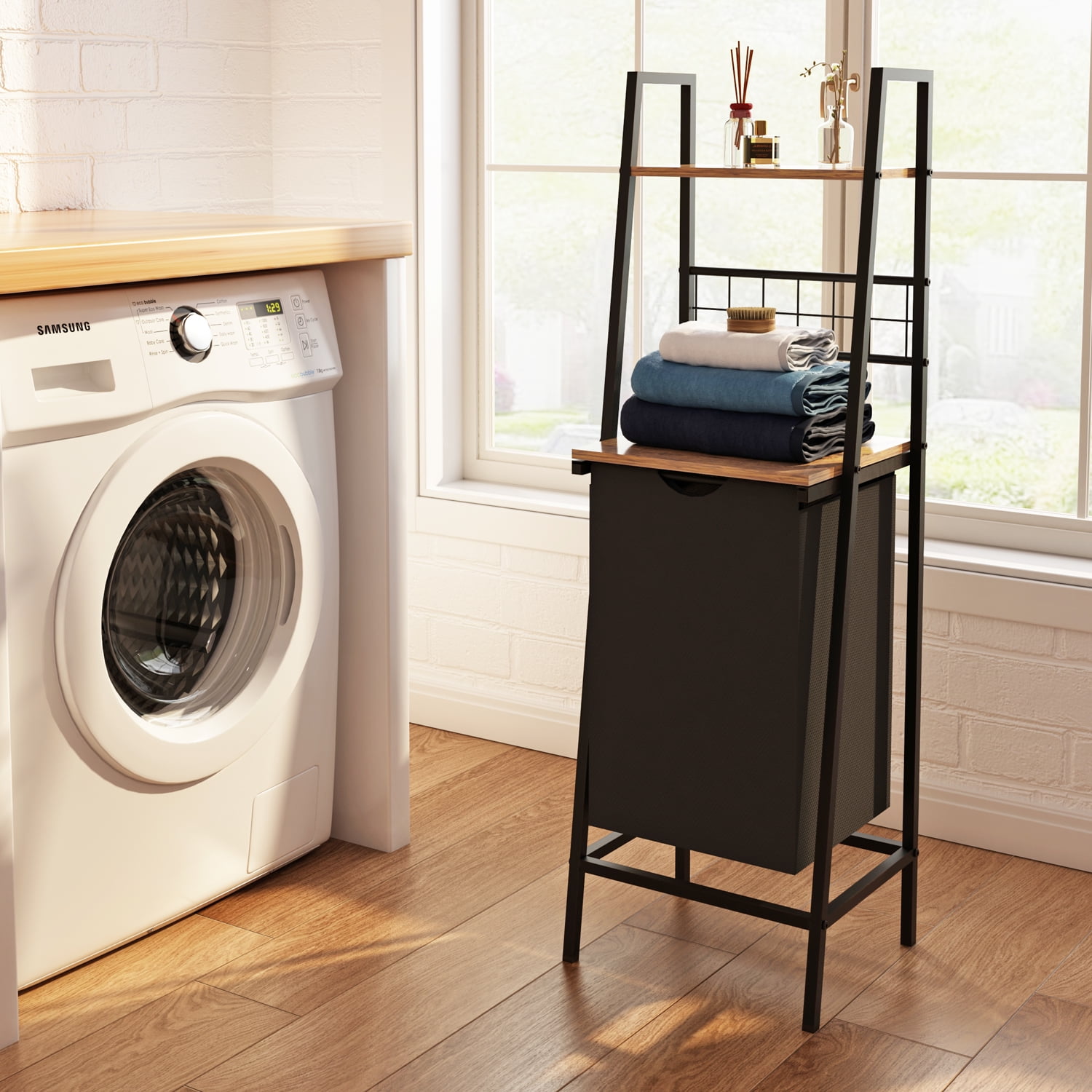 LENLN Black Metal Frame Bathroom Storage Rack with Laundry Hamper & Open Shelves - Space - Saving Multi - Layer Shelf for Bathroom Organization