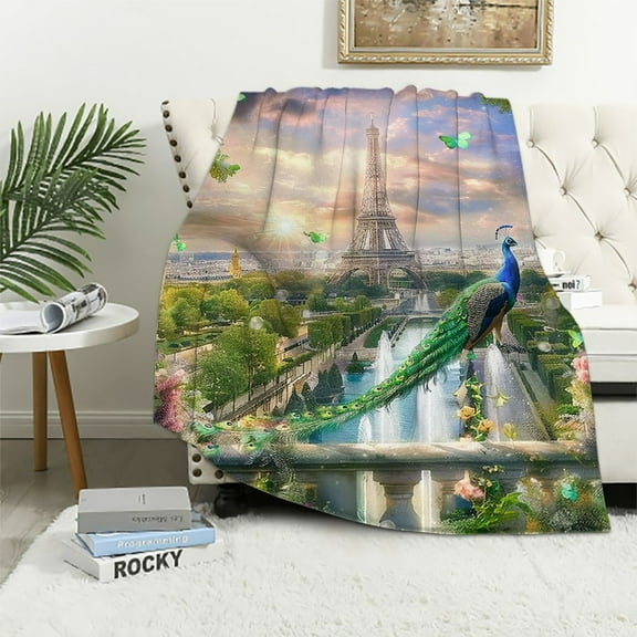 BCIIG Peacock Eiffel Tower Paris Warm Lightweight Blanket Soft Fleece All Seasons Throw Blanket for Living Rooms Sofa Decor 40x50in