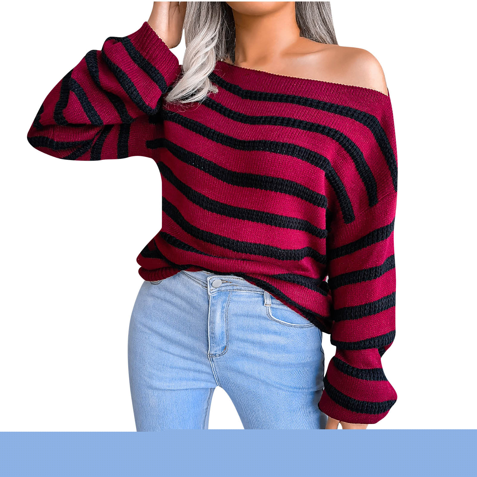 Red, variant on Herrnalise Women's Knitted Crop Tops Women Fashion Casual Stripes Casual Loose Long Sleeve Sweater Short Pullover Jumper Sweaters