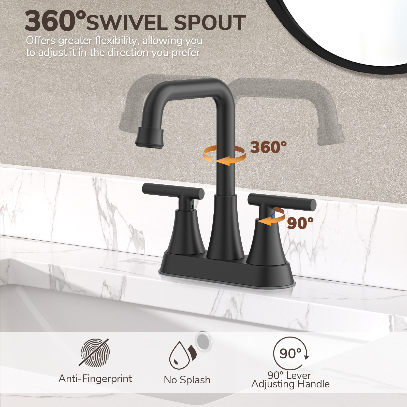 KINGTACK Matte Black 2-Handle Bathroom Sink Faucet photo 7