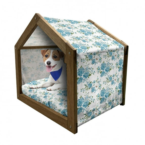 Vintage Pet House, Flower Pattern with Daisy and Roses Nostalgic Romantic Spring Composition, Outdoor & Indoor Portable Dog Kennel with Pillow and Cover, 5 Sizes, Blue Green and White, by Ambesonne