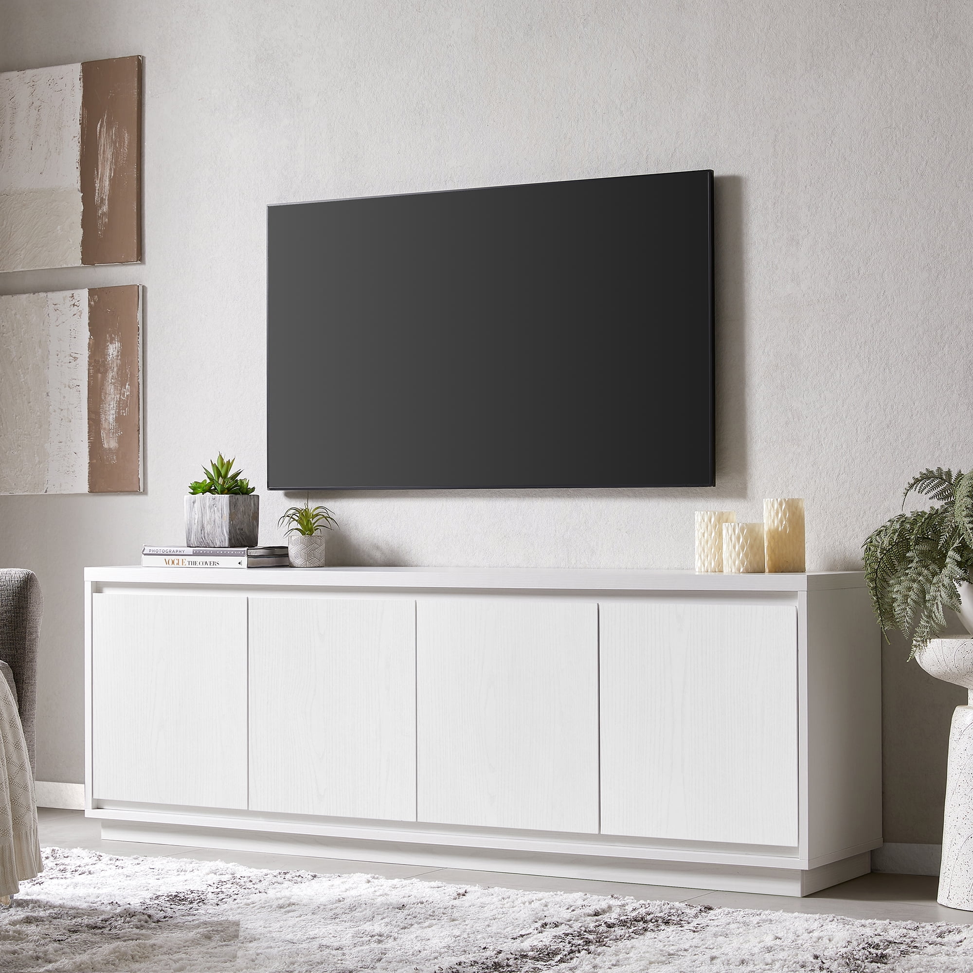 Evelyn&Zoe Hanson Transitional TV Stand, White, Wood Grain Finish