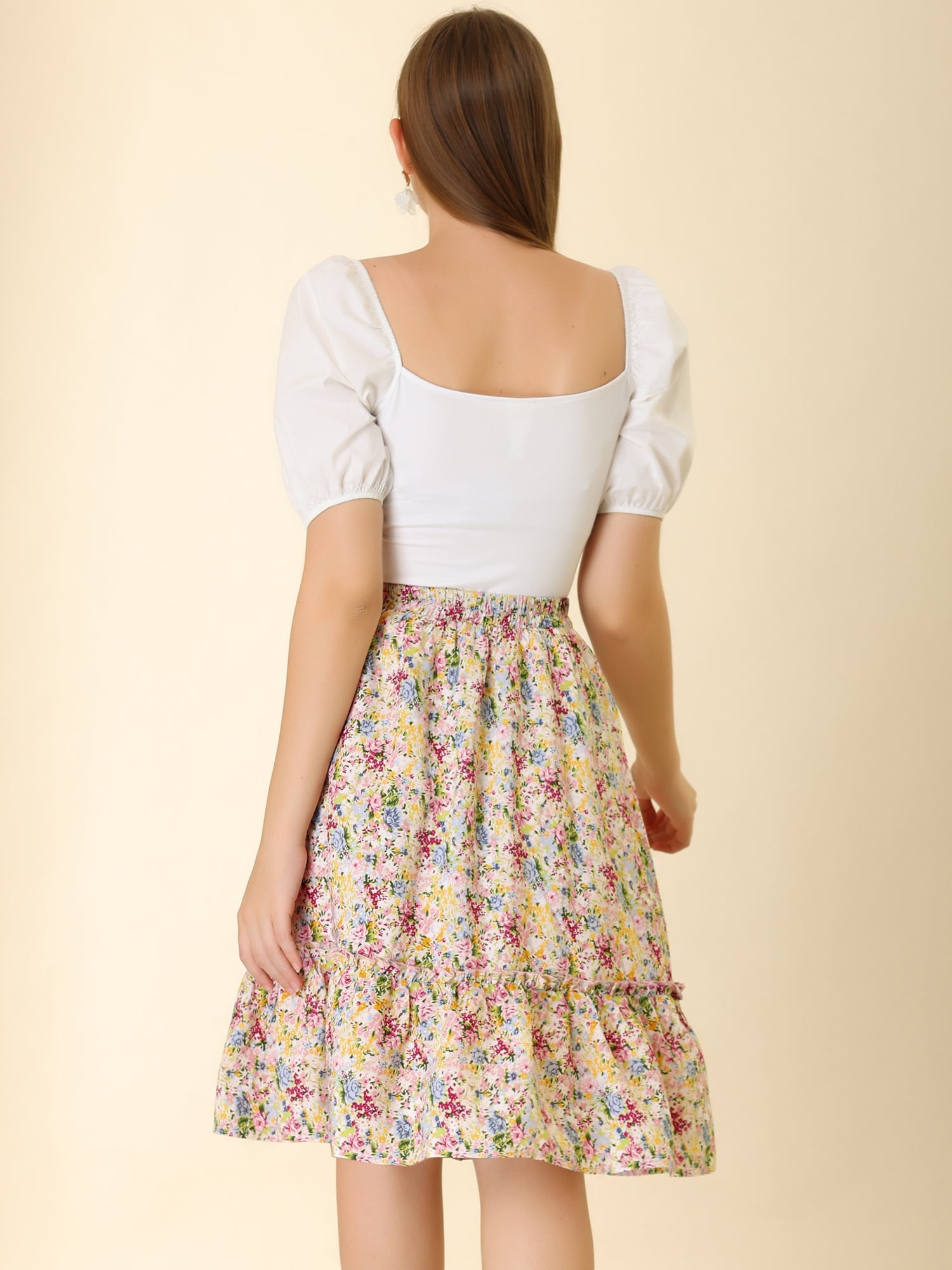 DARING DIVA Women's Flowy Ruffle Hem Tiered Floral Midi Skirt M Multicolor
