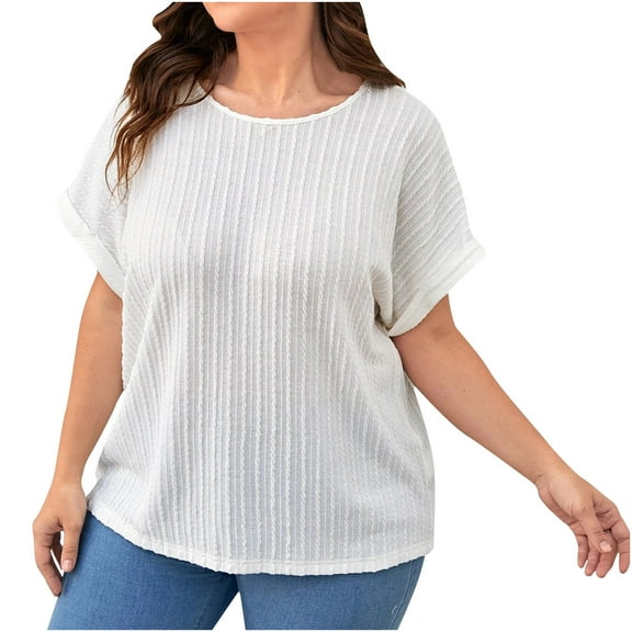 Jgppe Tops for Women Plus Size Summer Short Sleeve Knit Ribbed Solid Color Casual T Shirts Round Neck Blouse