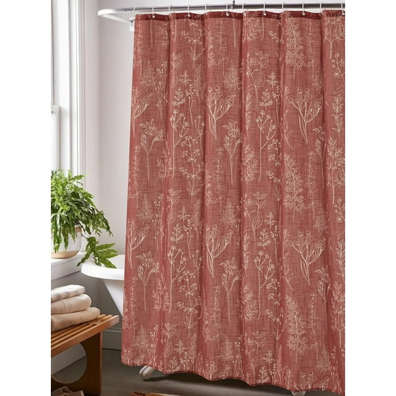 Boho Farmhouse Botanical Linen Shower Curtain for Bathroom Extra Long 84'', Rusty Red Tribal Plants Leaves Nature Shower Curtain Set with Hooks, Heavy Weighted & Water Resistant