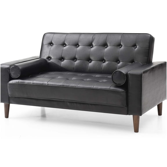 Black PU Leather Convertible Loveseat Sofa Bed, Modern Sleeper Chair for Small Spaces