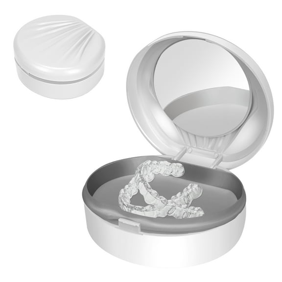 DODAMOUR Portable Denture Case with Mirror, Storage False Teeth Container Cups Holder, Orthodontic Mouth Guard Case with Brush (White)