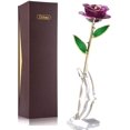 thumbnail image 1 of Longue Tige Trempée Rose en Or 24k dans une Boîte Cadeau avec Support (Rose Violette avec Support), 1 of 8