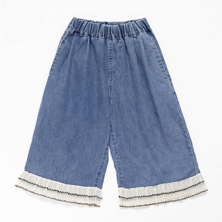 NIPAXO Girls Denim Shorts Elastic Waistband Washed Cotton Wide Leg Ruffle Lace Trim Cropped Jean Pants Bottoms for Toddler Little Girls Age 9-10Y (Blue)