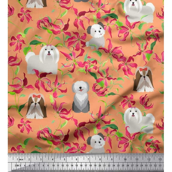 Soimoi Polyester Crepe Fabric Floral,Sheepdog & Yorkshire Terrier Dog Printed Fabric 1 Yard 52 Inch Wide