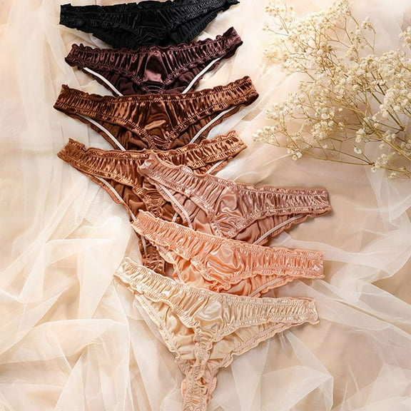 7Pcs Women's Satin Thong Panties Comfortable Bikini Briefs Frill Trim Underwear
