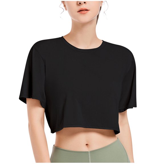 Mittory Workout Crop Tops for Women Short Sleeve Round Neck Loose T-Shirts Cropped Athletic Gym Running Yoga Tee Shirts