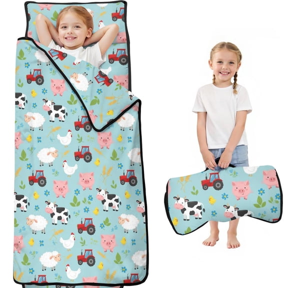Tractor and Cows Blue Pattern Teens Toddler Nap Mat with Pillow, Sleeping Mat Bag for Preschool Daycare 59"x22"